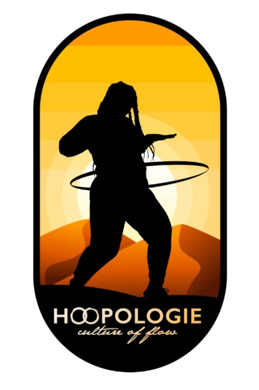 Hoopologie ‘culture of flow’ sticker featuring a silhouette hooper in orange desert scenery. Hoopologie ambassador Nicole Goss.