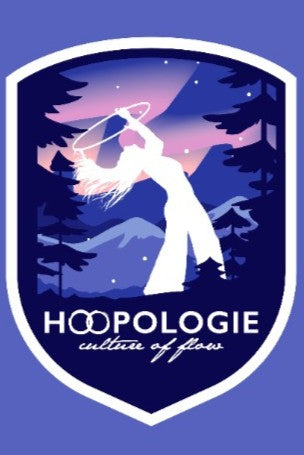 Hoopologie ‘culture of flow’ sticker with hooper dancing in a purple mountain scene. Hoopologie ambassador Marianna De Sanctis.