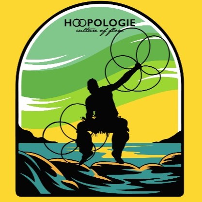 Silhouette of a multi-hoop flow artist sitting on rocks by the water — Hoopologie nature sticker. Hoopologie ambassador Eric Michael Hernandez.