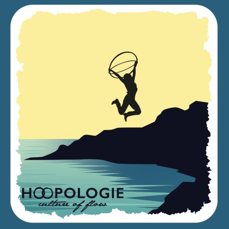 Hoopologie sticker of a silhouette flow artist jumping with multiple hoops on a cliff by the ocean. Hoopologie ambassador Shani Blueford. 