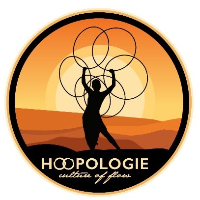 Hoopologie sticker of a silhouette hooper raising multiple hoops at sunset in an orange desert landscape. Hoopologie ambassador Lucero Ponce. 