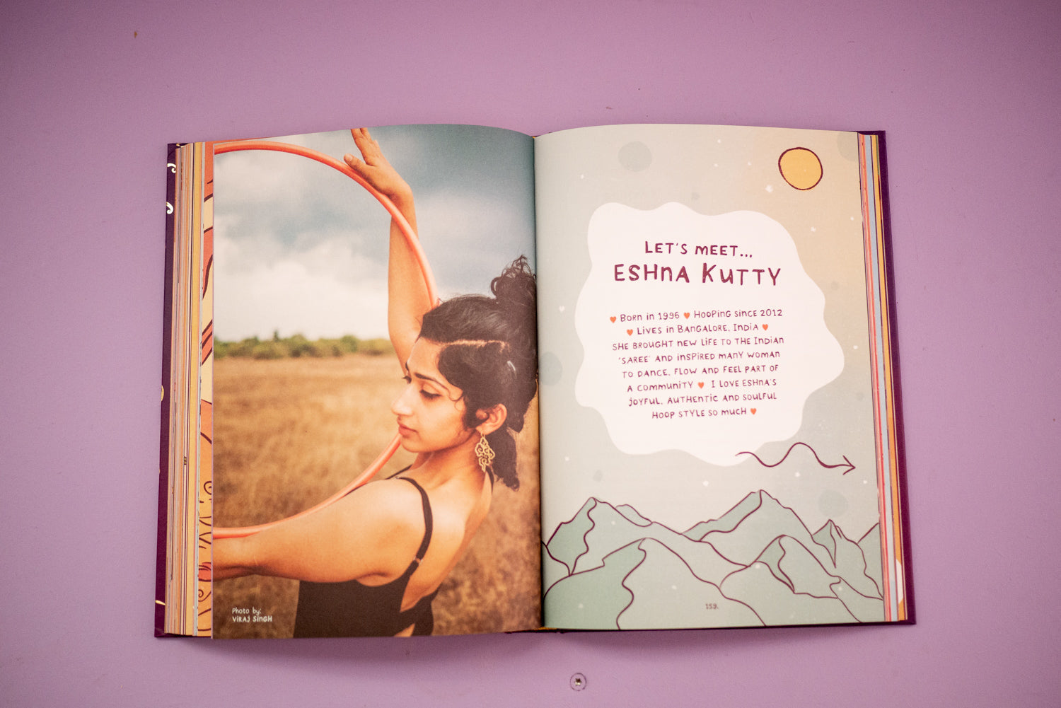 Inside pages of The Hoop Book by Hoop Hoop Hurray, featuring hoop dance tutorials, interviews, and inspiration for flow artists.